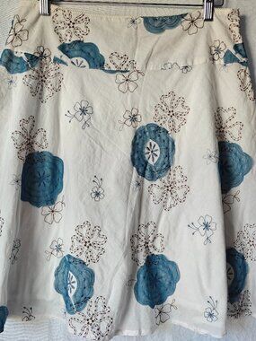 TRIBAL 100% Cotton A-line Midi Embroidered Skirt Size 10 White Blue